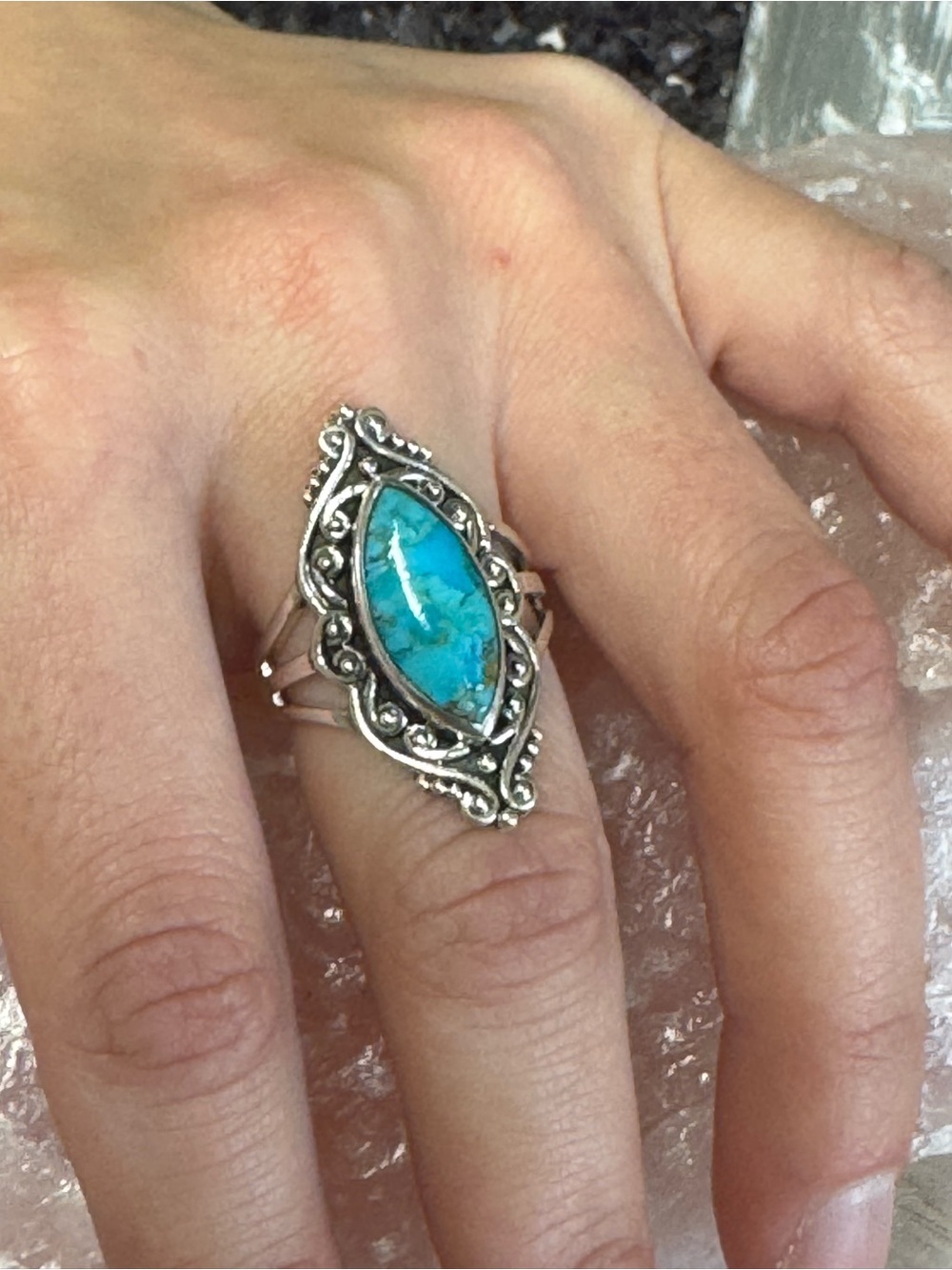 Kingman Mojave Turquoise Sterling Silver Marquise Filigree Ring - Size 7.5